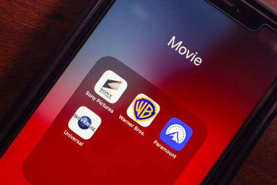 Mexico City, MEXICO - Apr 25 2025 : Smartphone screen displaying icons for Sony Pictures, Warner Bros., Paramount, and Universal Studios.