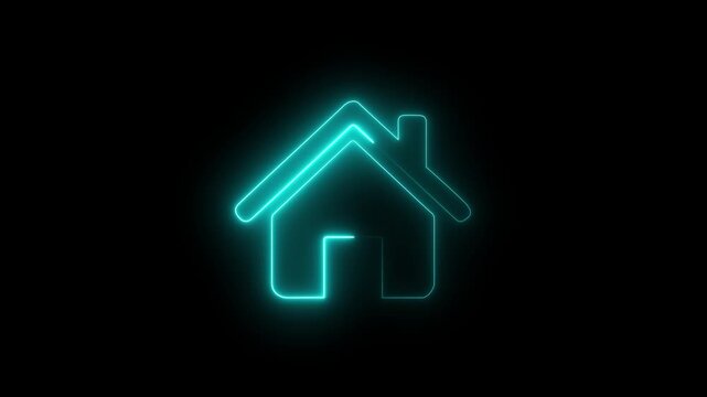 Abstract glowing cyan color neon home outline icon. home button icon animation.
