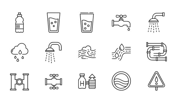 Drinking water and plumbing outline icon collection