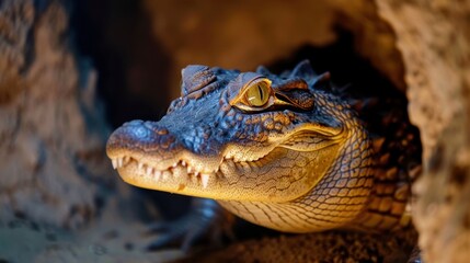Obraz premium Close-Up View of a Crocodile's Head with Detailed Scales and Intense Eyes in a Natural Habitat Setting