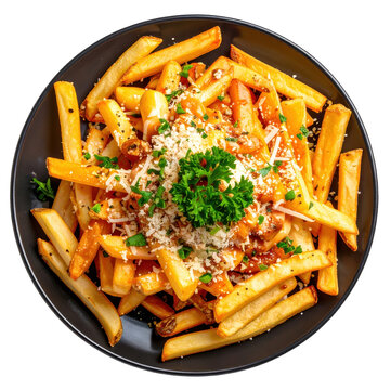 A mouth-watering kapsalon with layers of fries, doner meat, and melted gouda cheese, professionally captured isolated on a stark white background