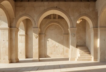 Obraz premium Serene Arched Corridor with Staircase and Natural Light, Historic Architecture, Beige Stone