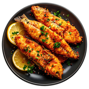 A classic dutch kibbeling snack with lemon wedges, showcasing the light and flaky fried fish isolated on a stark white background