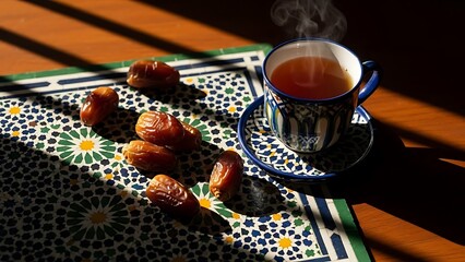 Steaming Tea and Dates on a Moroccan Patterned Mat in Sunlight.