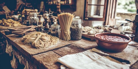 Rustic kitchen scene with pasta, sauce, and spices on a weathered wooden table