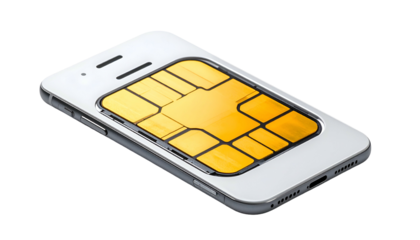 A cellphone with a gold SIM card inset, set against a black backdrop, angled shot