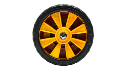 Isolated, front-facing view of a tire and rim with a striking, two-toned design