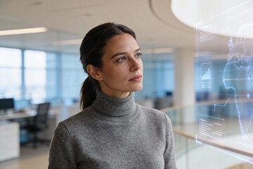Moderne F&uuml;hrung: Junge Unternehmerin in einem lichtdurchfluteten, minimalistischen Glas-B&uuml;ro, fokussierter Blick auf holografische Datenvisualisierung, authentische Business-Atmosph&auml;re