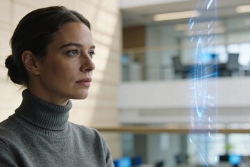 Moderne F&uuml;hrung: Junge Unternehmerin in einem lichtdurchfluteten, minimalistischen Glas-B&uuml;ro, fokussierter Blick auf holografische Datenvisualisierung, authentische Business-Atmosph&auml;re