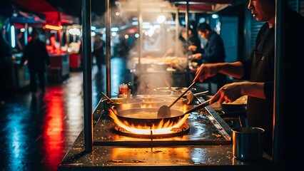 Street Food Chef Cooking Wok Noodles at Night Market.
