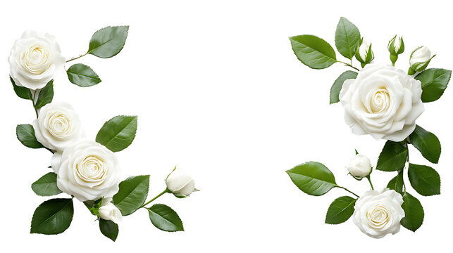 White rose flowers and leaves in a corner floral arrangement, isolated on a transparent background.