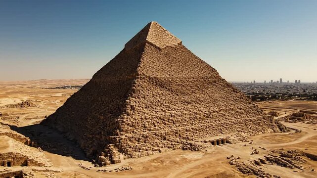 Ancient great pyramid of giza towering over desert landscape with cairo skyline