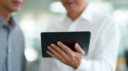 Businessman digital tablet coworker office collaboration discussion teamwork technology professional meeting modern office