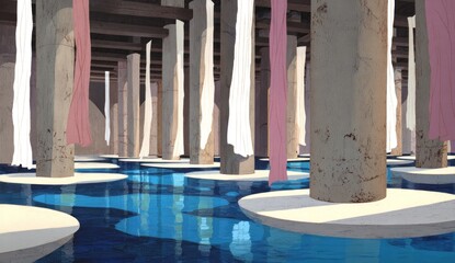 An abstract architectural scene featuring numerous pillars, water, and flowing fabric
