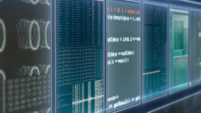 Digital background showing software development environments with code panels, glowing interfaces, and layered data visuals, suitable for IT services, startups, and technology branding.