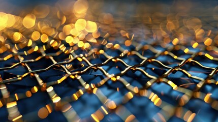 Obraz premium Abstract close-up of illuminated wire mesh with bokeh effect creating a captivating atmosphere of light and texture