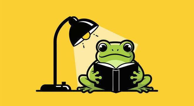 Cartoon frog reading book under lamp