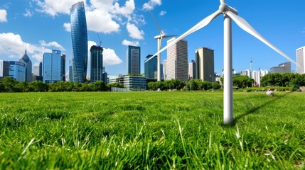 Fototapeta premium Urban Landscape with Wind Turbine and Skyscrapers Under Clear Blue Sky at Daytime