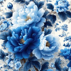 Vibrant, detailed floral illustration of lush, blue peonies with a creamy off-white background