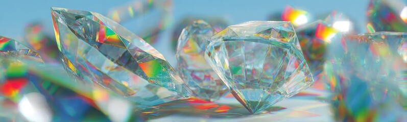 Close-up of multiple transparent, faceted crystals with rainbow refractions against a pale blue backdrop
