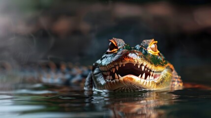 Obraz premium Close-Up View of Alligator Swimming in Calm Water with Sharp Teeth and Intense Eyes