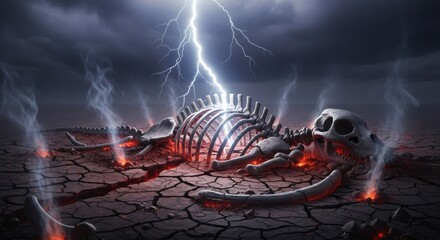 Fototapeta premium Dinosaur skeleton on cracked earth under dramatic lightning sky. Extinction event concept from the prehistoric era.