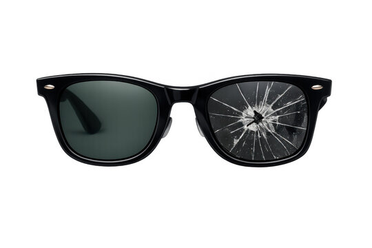 Sunglasses with broken lens having a shattered effect, showing damage and fragility on transparent background with copy space