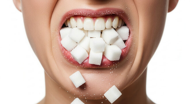 Adult mouth biting sugar cubes in studio, excessive sugar consumption and health risk