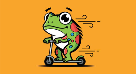 Cartoon frog riding scooter on orange © Grock