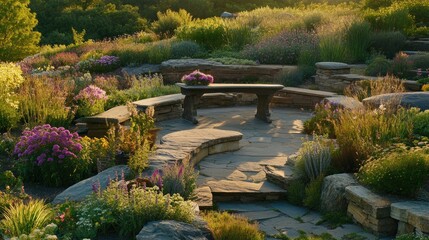 Fototapeta premium Sun-drenched garden patio with stonework and varied plantings.