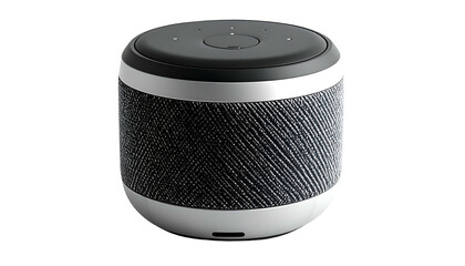 Obraz premium Cylindrical smart speaker with textured fabric body, black top, and white base