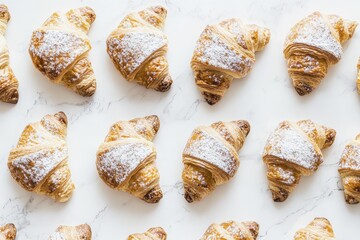 Freshly baked croissants on marble background: delicious flaky pastries