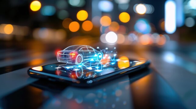 Futuristic Concept of Smart Automotive Technology with Holographic Car Displayed on Smartphone Screen