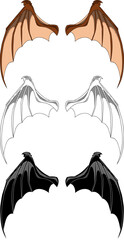 Bat wings vector set in colored, line art, and black silhouette styles.