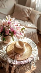 Woven Straw Hat with Ribbon and Magnolia Bouquet on Lace Coffee Table