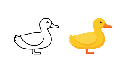 Simple cartoon illustration displaying a black outline tracing next to a fully colored yellow duckling representing coloring book page design versus finished art comparison