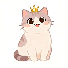 Adorable cartoon cat wearing golden crown, sitting cute