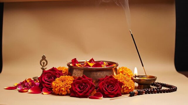 Hands Offering Red Rose Petals Into A Copper Bowl Surrounded By Red Roses Orange Marigolds And A Lit Incense Stick With Smoke Advancing Toward The Top Left Corner Against A Textured Brown Backdrop
