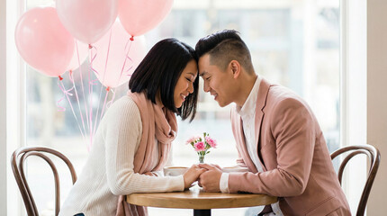 Romantic Asian couple on a date in a cafe. An affectionate man and woman hold hands and touch foreheads, celebrating Valentine's Day with pink balloons
