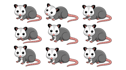 Group of nine cute cartoon opossums or possums animals showing happy and friendly facial expressions