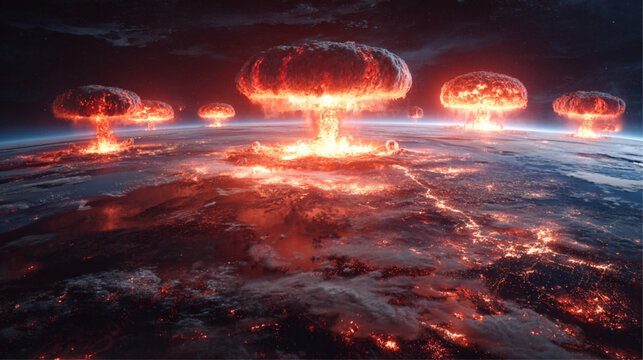 Conceptual Fantasy Global Nuclear Apocalypse, Earth from Space with Explosions, Mushroom Clouds, Burning Cities