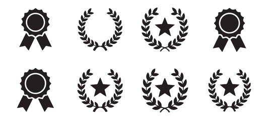 Laurel wreath frames and ribbon seal icons with central star elements for business awards and achievements set