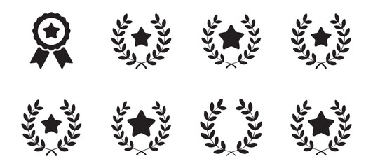Laurel wreath and award ribbon badge icons with star symbols for success recognition and victory celebrations