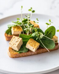 Healthy vegan toast topped with seasoned tofu cubes, fresh spinach leaves, and microgreens on crisp bread, representing plant-based minimalism and mindful eating concept.