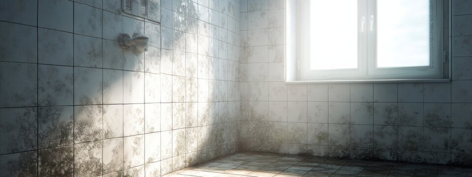 Sunlight shines through a dirty window in an old bathroom with peeling tiles and mildew on the walls