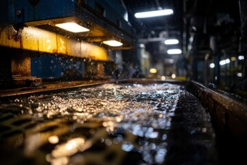 Close-up of conveyor belt with mineral rocks during deep sea resource processing in industrial facility. Concept: deep sea mining, energy, raw materials, technology, industry, production.
