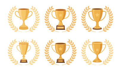 Golden trophy with laurel wreath, award cup, victory prize, champion reward, success symbol, competition.