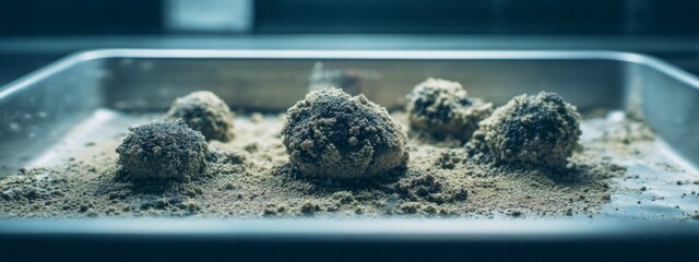 Closeup of polymetallic nodules with rough mineral texture, concept of deep sea mining, geology, natural resources and exploration. banner 