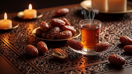 Traditional Iftar Setting with Dates and Tea for Ramadan Celebration.