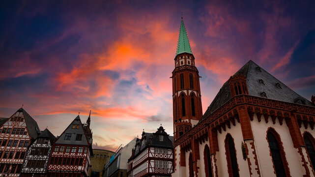 The old town square romerberg in Frankfurt, Germany with twilight sky scene